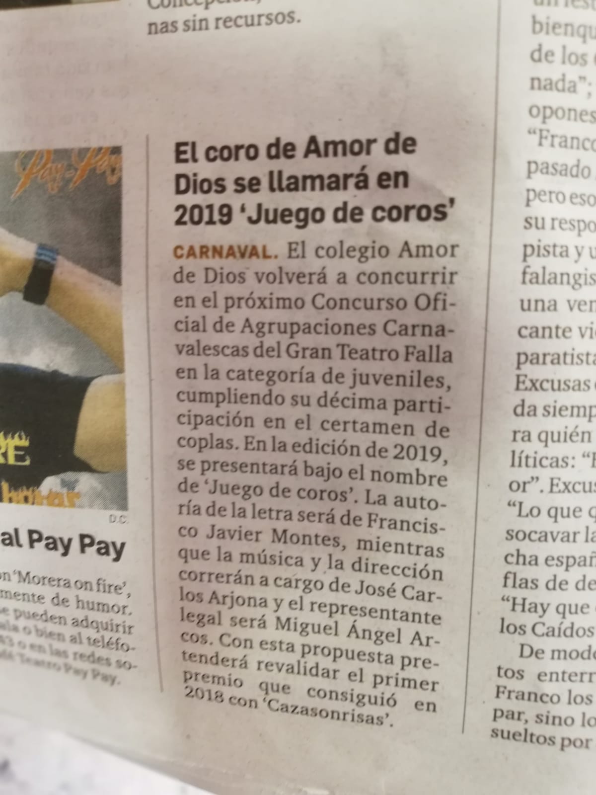 Diario de Cádiz anuncia el nuevo nombre de nuestro coro de carnaval juvenil