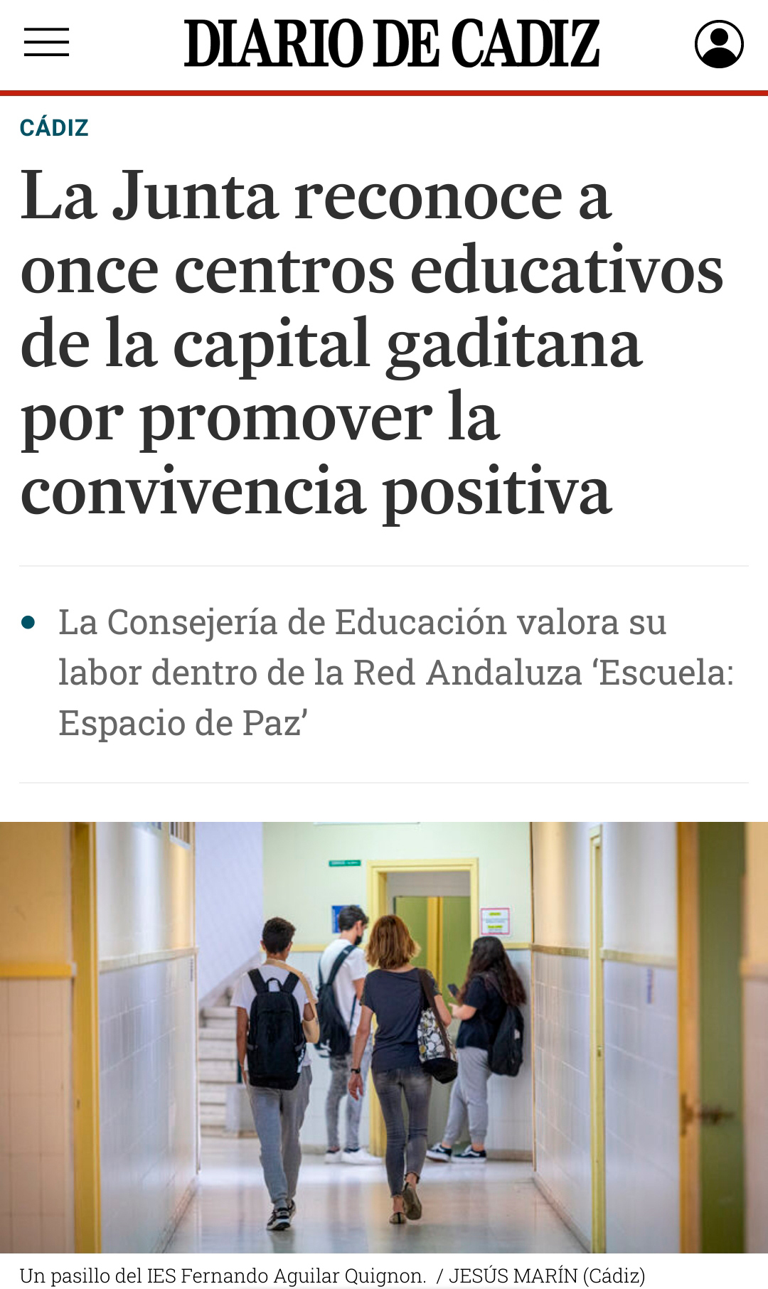Amor de Dios es reconocido junto a otras diez escuelas de Cádiz por promover la convivencia positiva