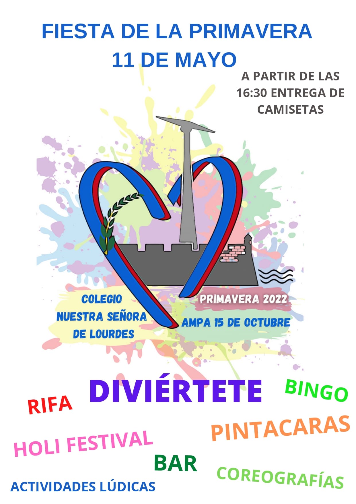 Infografía Fiesta de la Primavera 2022: cartel con el logotipo del colegio y las distintas actividades a celebrar
